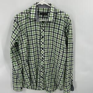 Jared Lang Men's Green & Navy Long Sleeve Woven Button down Shirt Size Medium